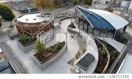 Overhead shot of urban compost hub, green tech. Recycling of waste, zero waste production, preservation of the ecology of the Earth 126711193