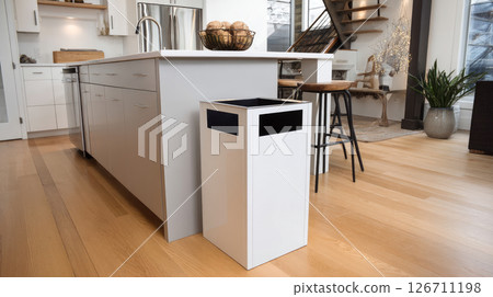 Colorful bins for sorting of plastic, paper garbage and organic waste at home. Modern kitchen with a system for sorting waste. Waste Separation Concept. Zero waste. Eco-friendly. 126711198