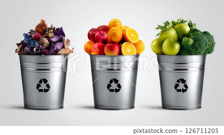 Household waste split between trash, recycle and compost, trash cans made of plastic, public trash cans, there are instructions for sorting waste. Recycling of waste, zero waste production, 126711205