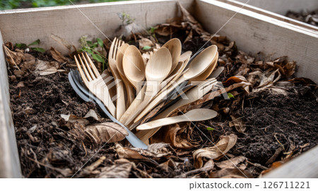 Eco friendly, disposable, recyclable, compostable tableware. Paper food boxes, dishes and flower pots with saw shawings and rowan branches in them 126711221