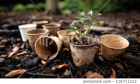 Compostable coffee cups breaking down in soil. Recycling of waste, zero waste production, preservation of the ecology of the Earth 126711222