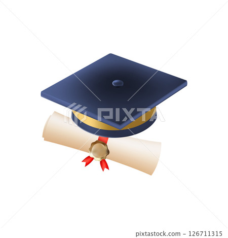 3d diploma scroll with graduate hat. Vintage roll paper 3d diploma scroll with graduate hat. Vintage roll paper 126711315