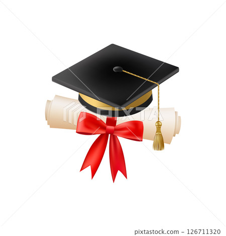 3d diploma scroll with graduate hat. Vintage roll paper 126711320