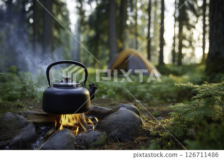 A simple morning moment with a metal kettle on fire and tent behind. Peaceful, minimal, eco-friendly glamping lifestyle. 126711486