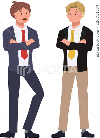 professional businessman conversation. two male businessmen in formal suits casually talking during office hours 126711574