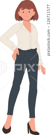 confident female office worker business fashion stylish career woman in standing pose wearing smart outfit in corporate setting. confident female office worker business fashion stylish career woman in standing pose wearing smart outfit in corporate setting. 126711577