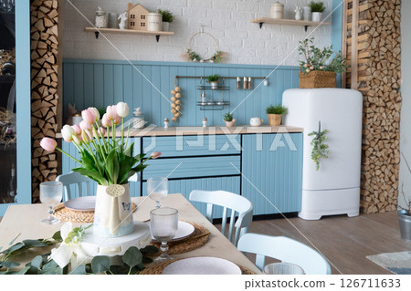 Discover a Charming Modern Kitchen that features Cozy Decor complemented by an Elegant Floral Arrangement Discover a Charming Modern Kitchen that features Cozy Decor complemented by an Elegant Floral Arrangement 126711633