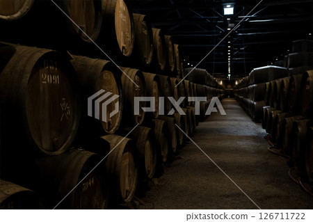 Barrels in wine cellar Barrels in wine cellar 126711722