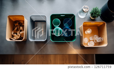 Household waste split between trash, recycle and compost, trash cans made of plastic, public trash cans, there are instructions for sorting waste. Recycling of waste, zero waste production, Household waste split between trash, recycle and compost, trash cans made of plastic, public trash cans, there are instructions for sorting waste. Recycling of waste, zero waste production, 126711759