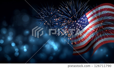 American flag and bokeh background with fireworks and copy space for Independence Day 4th of July and other holidays. Election Day in the USA. America Day. Festive Mood on President's Day 126711790