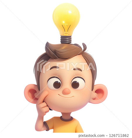 AI-generated item. 3d cartoon boy with idea lightbulb on transparent background. AI-generated item. 3d cartoon boy with idea lightbulb on transparent background. 126711862