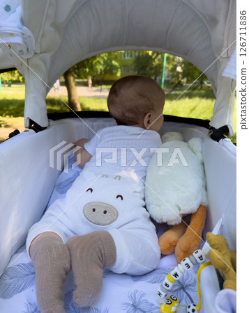 Baby in Stroller with Soft Toys in Nature Baby in Stroller with Soft Toys in Nature 126711886