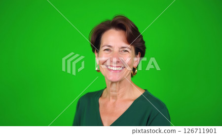 Cheerful middle-aged woman smiles warmly in studio. Portrait shot against plain green background. Attractive woman in casual green sweater. Pro, friendly expression. Mid-life beauty, casual style 126711901