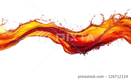 Dynamic stream of orange and red liquid splashes across a white background Dynamic stream of orange and red liquid splashes across a white background 126712129