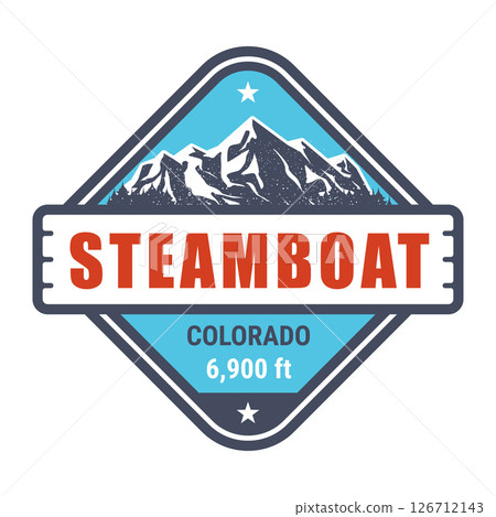 Steamboat, Colorado ski resort stamp, emblem with snow covered mountains in steamboat springs, vector Steamboat, Colorado ski resort stamp, emblem with snow covered mountains in steamboat springs, vector 126712143