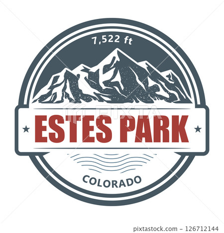 Estes Park, Colorado ski resort emblem with snow covered rocks, vector 126712144
