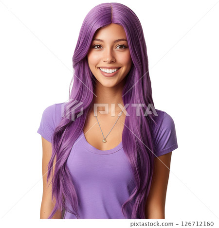 Purple long wig worn by woman in casual purple top with a bright smile and flowing hair indoors 126712160