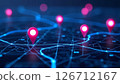 Digital map shows ai tech pins on delivery routes. Future transport logistics displayed. Modern tech, eco concepts combine. Networked urban tech design. Pinpoint precise location. Routes for smart 126712167