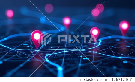 Digital map shows ai tech pins on delivery routes. Future transport logistics displayed. Modern tech, eco concepts combine. Networked urban tech design. Pinpoint precise location. Routes for smart 126712167