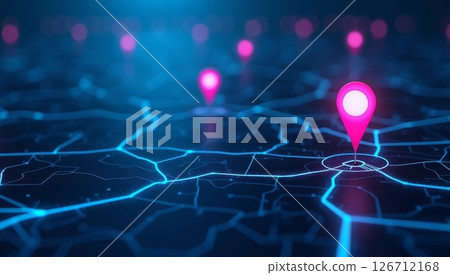 Digital map shows ai tech pins on delivery routes. Future transport logistics displayed. Modern tech, eco concepts combine. Networked urban tech design. Pinpoint precise location. Routes for smart 126712168