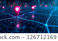 Digital map shows ai tech pins on delivery routes. Future transport logistics displayed. Modern tech, eco concepts combine. Networked urban tech design. Pinpoint precise location. Routes for smart 126712169