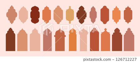 Arabic frame, Ramadan motif, window in the architecture of India or Morocco. Vector art, boho silhouette, flat illustrations set Arabic frame, Ramadan motif, window in the architecture of India or Morocco. Vector art, boho silhouette, flat illustrations set 126712227