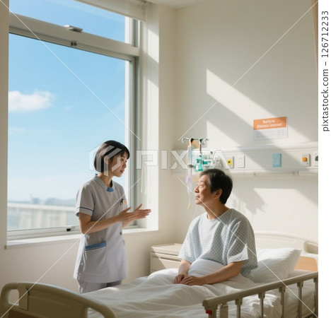 Medical communication: A nurse explains improvement to a diabetic patient by a bright window in a hospital room 126712233