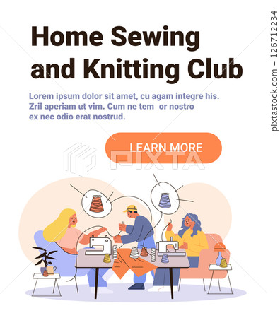 Home sewing knitting club creative hobby people crafting together using sewing machines colorful threads cozy room modern flat design website banner 126712234