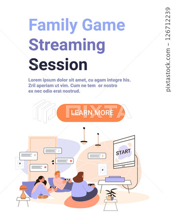 Family game streaming session living room people playing video games together on console cozy home interior modern flat design banner 126712239