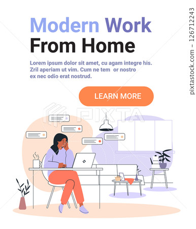 Work from home remote office woman laptop digital workspace cozy interior plants coffee minimalist home decor pastel colors website banner Work from home remote office woman laptop digital workspace cozy interior plants coffee minimalist home decor pastel colors website banner 126712243