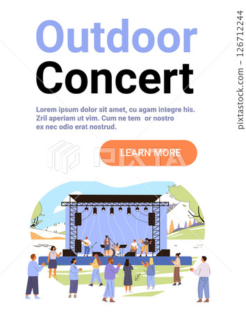 Outdoor concert festival live music stage audience people band performing park event scenic landscape modern website banner 126712244