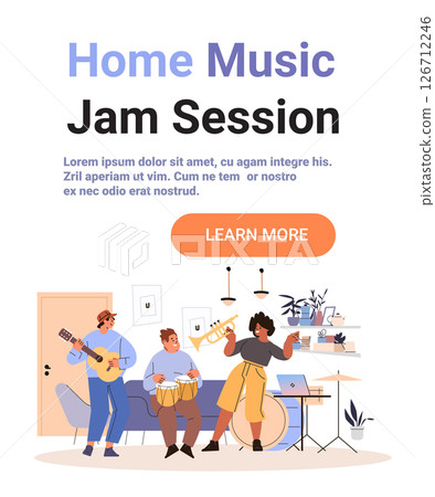 Home music jam session musicians playing instruments cozy living room plants decor modern interior diverse people digital art Home music jam session musicians playing instruments cozy living room plants decor modern interior diverse people digital art 126712246