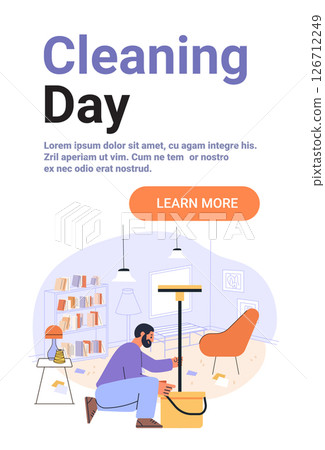 Man cleaning living room modern home interior bookshelf armchair vacuum bucket cozy domestic scene pastel colors website banner 126712249