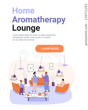Home aromatherapy lounge relaxing people cozy living room diffusers steaming comfortable seating modern interior plants pastel colors web banner template 126712261