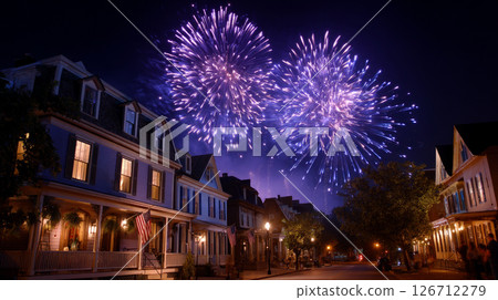Gorgeous fireworks reflected in the water in the color of the American flag. Election Day in the USA. America Day. Festive Mood on President's Day 126712279