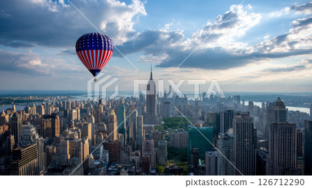 A hot air balloon in the color of the American flag floats. Election Day in the USA. America Day. Festive Mood on President's Day 126712290