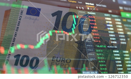 Stock market chart with green and red candlesticks on a background 100 Euro banknotes. Bitcoin price chart in dynamics. Stock exchange. Exchange market. Euro Money Cash and Cryptocurrency. Stock market chart with green and red candlesticks on a background 100 Euro banknotes. Bitcoin price chart in dynamics. Stock exchange. Exchange market. Euro Money Cash and Cryptocurrency. 126712350