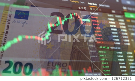 Stock market chart with green and red candlesticks on a background 200 Euro banknotes. Bitcoin price chart in dynamics. Stock exchange. Exchange market. Euro Money Cash and Cryptocurrency. 126712351