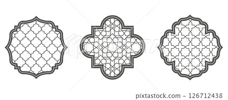 Ramadan window with pattern. Arabic architecture vector shape in mosque. Arabesque arch frame with ornament. 126712438