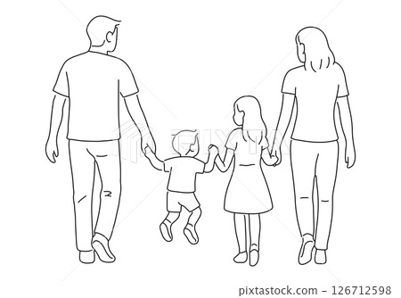 適合海報等的四口之家（父親、母親、女兒和兒子）的幸福線條藝術。 126712598