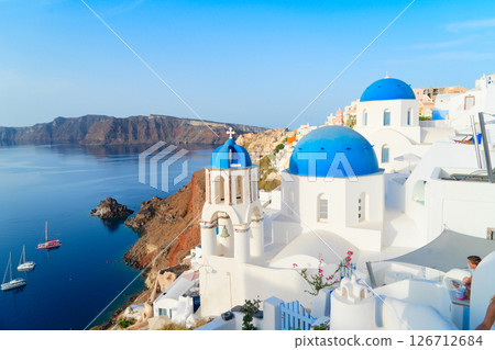 white belfries Santorini island, Greece 126712684
