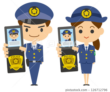 一名警官展示他的警務筆記本的插圖（男性和女性一組） 126712796