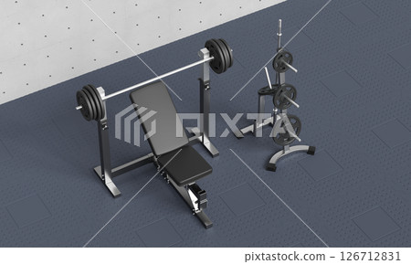 Fitness Gym Weightlifting Bench Press. 3D Rendering. Fitness Gym Weightlifting Bench Press. 3D Rendering. 126712831