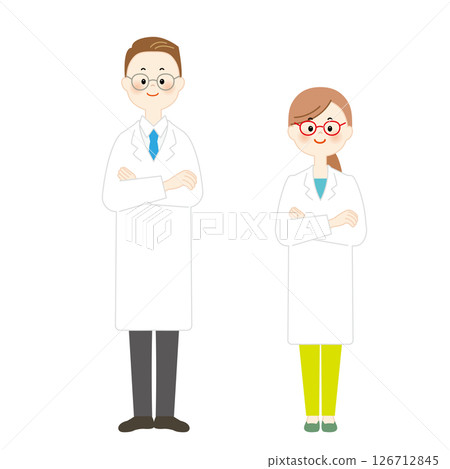 Illustration of a man and woman in a white coat with their arms crossed 126712845