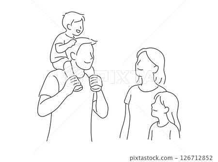 Happy line art of a family of four (father, mother, daughter and son) Smiling family carrying children on their shoulders Happy line art of a family of four (father, mother, daughter and son) Smiling family carrying children on their shoulders 126712852
