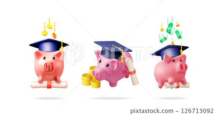 Three 3d piggy bank characters wearing graduation hat 126713092
