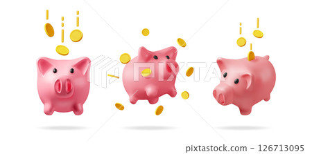Collection of three pink piggy bank with gold coin 126713095