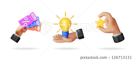 Hands offering discount coupons, a glowing light bulb, and a star 126713131