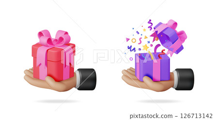 Man hand holding gift box. Present with confetti 126713142
