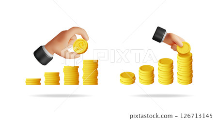 Hands adding gold coin to rising stack Hands adding gold coin to rising stack 126713145